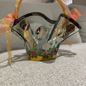 1990s Mackenzie-Childs Glass Basket With Organza Ribbon